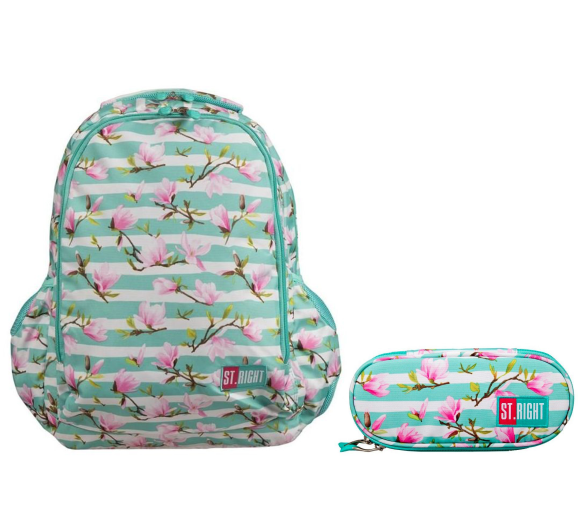 St.RIGHT Školní set dvoukomorový batoh + pouzdro Flower Magnolia